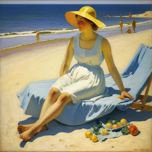 yellow sun hat,schorpen,woman with ice-cream,sun hat,horst,hildebrandt,palizzi,orpen,beachgoer,whitmore,freyer,beachcomber,panama hat,hopper,lartigue,gantner,beach landscape,champney,pittura,pintor,Art,Classical Oil Painting,Classical Oil Painting 20