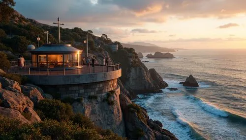 Watchtower on coastal cliff, rugged rock formations, crashing ocean waves, salty sea air, nautical themed architecture, wooden decking, rope railings, lantern-style lighting, weathered stone walls, cu