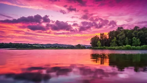 pink clouds are reflected in the water of a lake, pink reflections, pink sunset hue, pink sunset, with vibrant sky, pink sky, colorful sky, pink landscape, psychedelic sky, surreal sky, marvellous ref