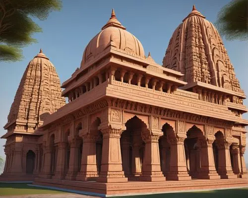 Ancient Indian architecture, Gupta dynasty style, ornate carvings, intricate stone sculptures, temple complex, red sandstone walls, towering spires, grand entrance gates, pillared halls, ornate ceilin