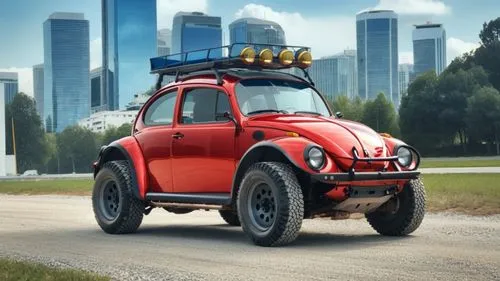 VW Beetle California style, bright red metallic, tinted windows, with rims, all-terrain tires and large fenders, a large F1-style rear spoiler, matte black bumpers,a red truck that is parked by the st