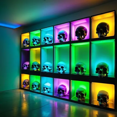 skulls,skulls bones,colored lights,sugar skulls,color wall,skull sculpture,Photography,Artistic Photography,Artistic Photography 09