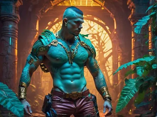 Turquoise, mysterious, ancient alien, muscular male, bare chest, ripped abs, intricate tattoos, golden earrings, shoulder armor, leather pants, boots, standing, powerful pose, sci-fi, abandoned temple