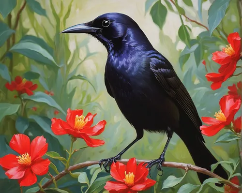 brewer's blackbird,grackle,bird painting,greater antillean grackle,black bird,great-tailed grackle,corvidae,flower and bird illustration,blackbirds,boat tailed grackle,magpie,american crow,currawong,spring bird,crow-like bird,blackbird,sunbird,pied currawong,bird flower,raven bird,Art,Classical Oil Painting,Classical Oil Painting 12