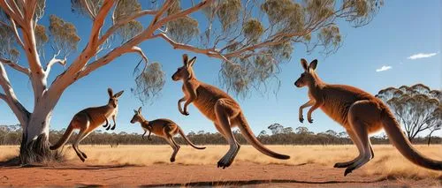 mob of kangaroos, Australian outback, sunny day, blue sky, fluffy white clouds, dry grassland, scattered eucalyptus trees, jumping, hopping, pouches, strong legs, soft fur, curious eyes, energetic mov