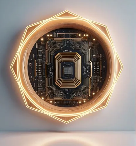 A frame made of wood against a white background,an illuminated circle with lots of electronic components,opteron,fractal design,cpu,chipset,coprocessor,ryzen,Photography,General,Sci-Fi