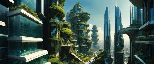 город будущего, небоскребы с щелеными насаждениями ,futuristic city with trees growing on the sides,futuristic landscape,arcology,terraformed,ecotopia,terraforming,futuristic architecture