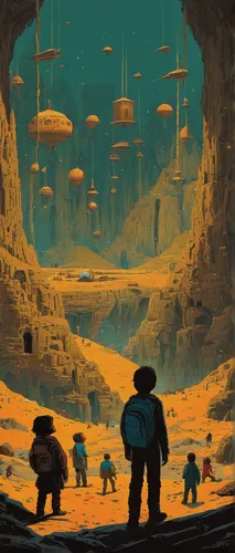 During a family gathering, a distractible child keeps wandering off and accidentally causes funny and chaotic situations.,futuristic landscape,alien world,alien planet,guards of the canyon,colony,mush