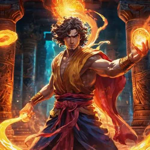 As the sun begins to rise, the walls of an ancient temple come alive with its vibrant energy. The walls are empty except for a young man with long, flowing robes and a wrinkled wavy-haired face gazing