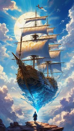 sea sailing ship,sail ship,sailing ship,sea fantasy,tallship,shipwreck,skyship,tall ship,galleon,pirate ship,sails,voyage,fantasy picture,the ship,swollen sail air,sail,world digital painting,cloudmont,pirate treasure,ship travel,Illustration,Realistic Fantasy,Realistic Fantasy 20