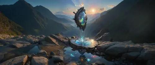 пусто,a sci - fim object flying over some mountains and lakes,hesychasm,futuristic landscape,gondolin,elves flight,chasm,bifrost