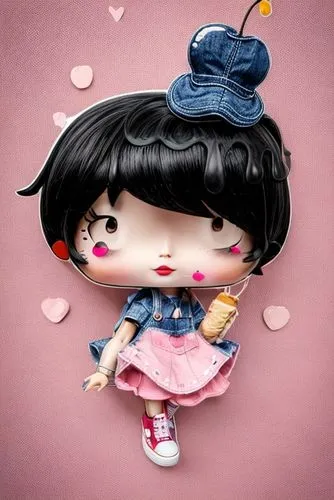 a doll with black hair. She has an ice cream dripping on her head with a cherry. He is dressed in a denim bib style dress, and the front pocket has a heart stamped on it. On her feet she wears pink hi