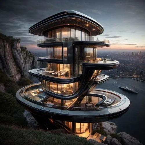 an unusual building that is very high on the mountain side,futuristic architecture,modern architecture,penthouses,malaparte,tigers nest,sky apartment