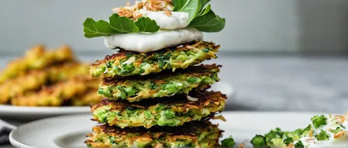 Far side view of a stack of five vegan broccoli fritters on a white plate with coconut cream,vegetable skewer,fried fritters,falafel,potato cakes,latkes,fried aubergine,salmon cakes,spinach dumplings,