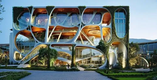 an artistic building with many circular windows and plants growing out the sides,futuristic architecture,futuristic art museum,cube stilt houses,medellin,cubic house,glass building,Photography,Artisti