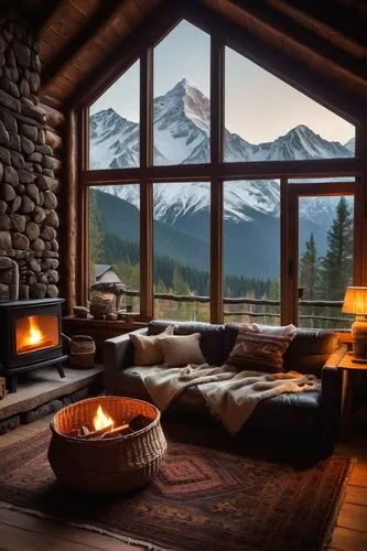 the cabin in the mountains,alpine style,chalet,house in the mountains,house in mountains,mountain huts,fire place,mountain hut,coziness,warm and cozy,fireplaces,log fire,home landscape,coziest,beautiful home,log home,log cabin,roof landscape,fireplace,mountain range,Illustration,Retro,Retro 02