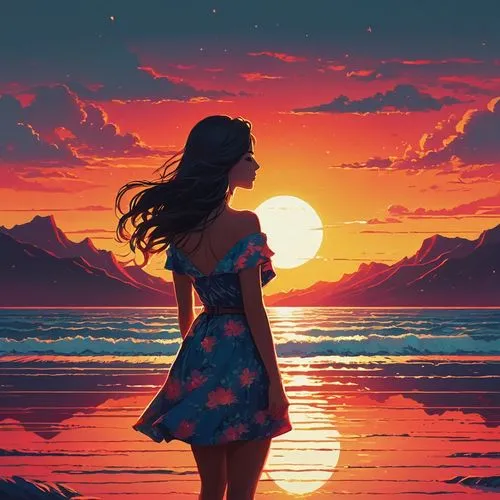 summer background,moana,beach background,sunset,horizon,sunset glow,summer evening,world digital painting,ocean,digital painting,coast sunset,the horizon,girl on the dune,sun and sea,digital art,digital illustration,setting sun,woman silhouette,dawn,colorful background,Conceptual Art,Fantasy,Fantasy 32