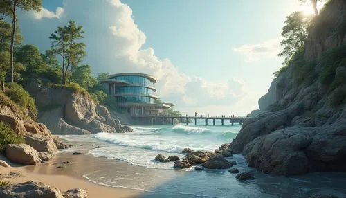 imperial shores,beachfront,oceanfront,south seas,cryengine,cliff beach,cliffside,coastline,shorefront,seaside resort,seclude,tropico,seaside view,summerland,beach landscape,render,sand coast,futuristic landscape,cliffs ocean,beach resort,Photography,General,Realistic