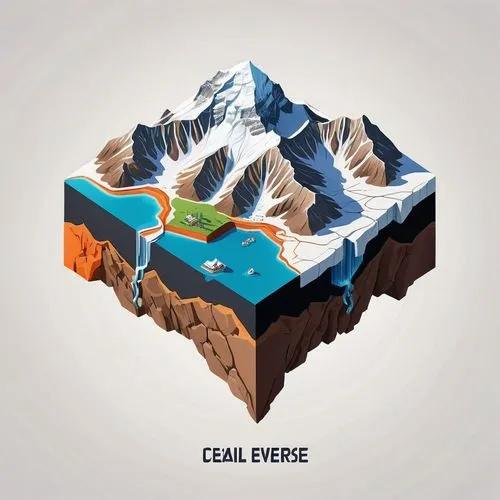 Mount Everest
Cube, slice of earth, soil, rock bed, magma, earth core.
Isometric, Isometric view, Parallel, schematic drawing, black outline, white background,cube sea,crevasse,caldera,cd cover,active