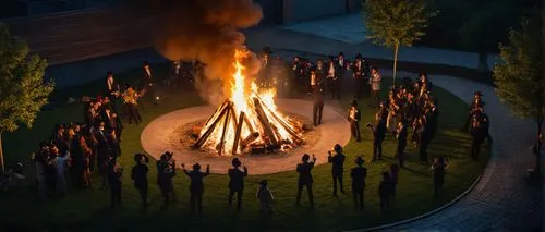 A bonfire 3 meters high, surrounded by a large distance, dancing children and men with black hats and suits,campfire,bonfire,firepit,fire pit,fire ring,fire bowl,burning of waste,campfires,ring of fir