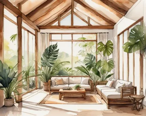 sunroom,conservatory,house plants,tropical house,houseplants,indoor,conservatories,cabana,tropical greens,houseplant,palms,indoors,palm branches,roof landscape,rustic aesthetic,loft,living room,greenhouse,palm leaves,florida home,Conceptual Art,Oil color,Oil Color 11