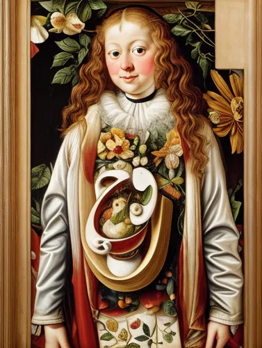 woman eating apple,woman holding pie,baroque angel,child portrait,portrait of christi,girl picking apples,albrecht dürer,girl with bread-and-butter,girl in a wreath,medicine icon,girl with cereal bowl,botticelli,advertising figure,child with a book,nesting doll,portrait of a girl,floral ornament,tudor,russian doll,raffaello da montelupo,Calligraphy,Painting,Still Life With Long Table