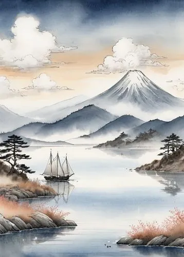 japan landscape,lake tanuki,japanese mountains,japanese art,takimoto,mount fuji,sakimoto,fuji,mt fuji,japanese background,okimoto,fuji mountain,watercolor background,landscape background,hokusai,boat landscape,sea landscape,tokaido,mountain landscape,yashima,Illustration,Paper based,Paper Based 30