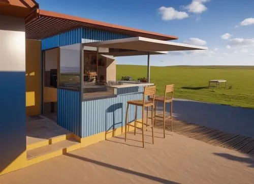 cube stilt houses,ice cream stand,3d rendering,dunes house,shipping containers,inverted cottage,Photography,General,Realistic