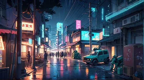 some people on a city street at night,alleyway,tokyo city,cyberpunk,alley,cybercity,shinjuku,cyberscene,sidestreet,cybertown,tokyo,sidestreets,alleyways,neon arrows,cyberworld,cityscape,rainy,microdis