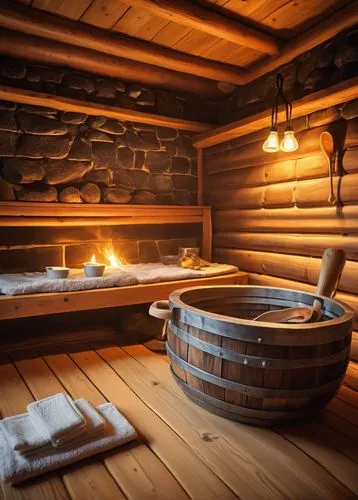 Cozy sauna interior, wooden cabin style, Nordic atmosphere, warm yellow lighting, stone walls, wooden benches, towels hanging, steam rising, water bucket, ladle, wooden floor, rustic texture, natural 