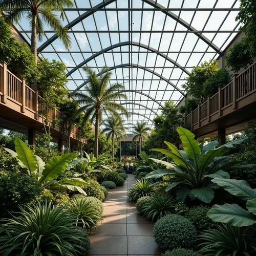 Lush botanical garden, exotic plant species, transparent glass roofs, steel framework structures, curved arches, minimalist columns, natural ventilation systems, automated irrigation networks, misting