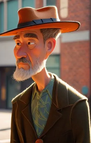 a 45 year old man in a sut wearing a hat in the street of london,an animated man dressed in a hat and jacket,lumbago,mvm,offerman,bertram,graybeard,pardner,Illustration,Vector,Vector 13