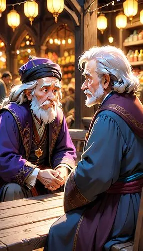 gnomes at table,wise men,merchants,vendors,conversation,troubadors,three wise men,exchange of ideas,emmaus,barbossa,herbalists,old couple,the three wise men,elders,medieval market,merchant,monks,haggling,grandpas,hildebrandt,Anime,Anime,Cartoon