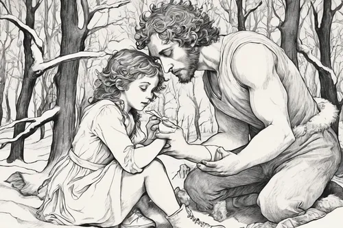 hand-drawn illustration,girl and boy outdoor,biblical narrative characters,shepherd romance,book illustration,adam and eve,father with child,game illustration,father and daughter,faun,sci fiction illustration,little boy and girl,children's fairy tale,fae,young couple,vintage drawing,a fairy tale,capricorn mother and child,coloring picture,lover's grief,Illustration,Black and White,Black and White 25