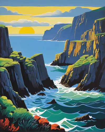 olle gill,coastal landscape,rocky coast,newfoundland,donegal,travel poster,neist point,cliff coast,orkney island,isle of mull,gower,cliffs ocean,sceleton coast,isle of skye,isle of may,cliffs,coast line,pancake rocks,sea stack,mull,Art,Artistic Painting,Artistic Painting 33