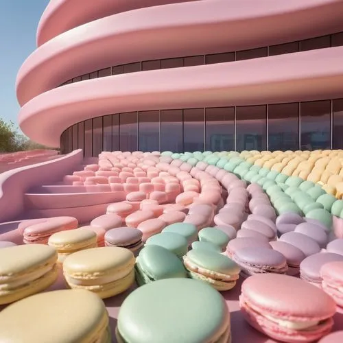 theater building where the seating and exterior facade mimic layers of macarons, with different sections featuring pastel colors. The rounded shapes and smooth surfaces resemble the curves of the swee