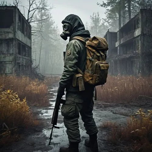 1person, stalker, male, rugged appearance, gas mask, hooded jacket, combat boots, carrying a rifle, stealthy posture, urban ruins, Chernobyl, overgrown vegetation, foggy atmosphere, desolate, eerie si