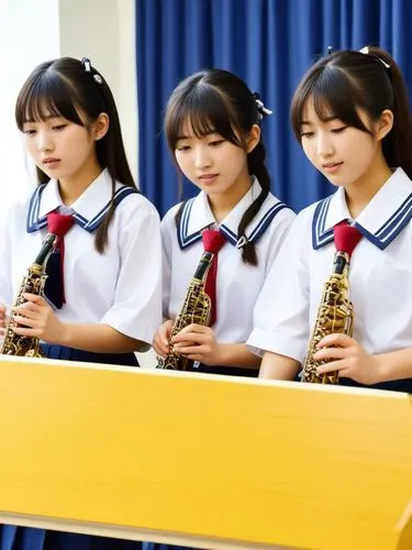 Japanese schoolgirls making music.,a group of girls holding musical instruments and wearing uniform,handbells,euphoniums,oboists,handbell,oboes,euphonium