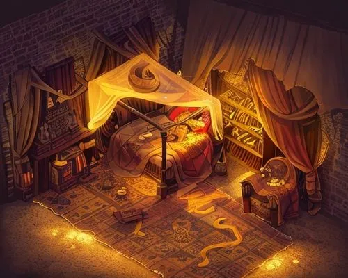 Ancient bedroom, colorful, medieval style, dark, with candlelight, magical and mystical, isometric view, vector drawing style. High contrast,witch's house,the little girl's room,ancient house,ornate r