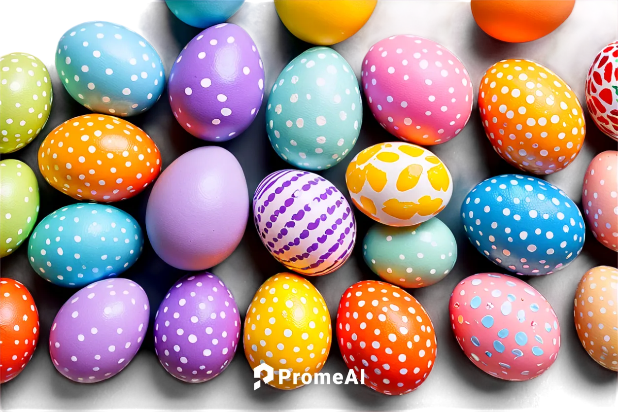 Colorful Easter eggs, clip-art style, decorated with flowers, stripes, polka dots, glitter, pastel colors, intricate patterns, shiny surface, rounded shapes, varying sizes, arranged in a circle, 3D-li