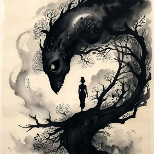 kindred,black dragon,mononoke,darkling,blackwolf,darigan,barghest,lycanthropy,howling wolf,dolarhyde,black crow,baskerville,lycanthrope,black shepherd,dragon of earth,oscuro,charcoal nest,yinyang,skinwalker,howl,Illustration,Paper based,Paper Based 30