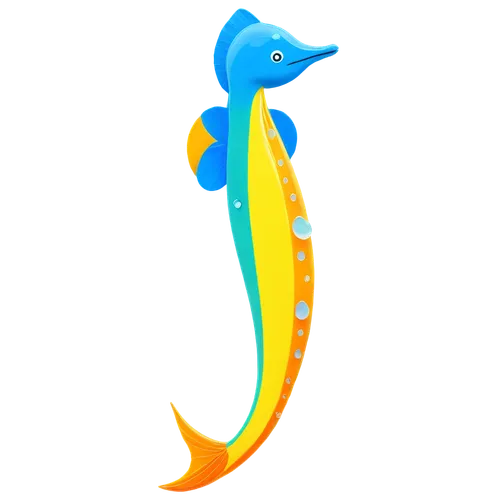 Aquatic creature, colorful scales, fins up, swimming pose, bright blue eyes, orange and yellow stripes, flowing tail, water droplets, shiny surface, 3D clipart style, vibrant colors, soft focus, whims