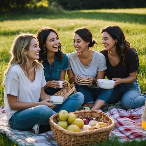 women friends,picnic,picnic basket,virtuelles treffen,family picnic,ladies group,apéritif,female alcoholism,woman eating apple,basket of apples,women's health,apple picking,women's network,food share,young women,circle of friends,celebration of witches,women at cafe,summer foods,kombucha,Illustration,Realistic Fantasy,Realistic Fantasy 25