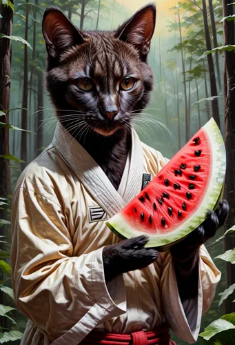 Khajiit Eating watermelon,felidae,cat warrior,animal feline,wild emperor,samurai,napoleon cat,cat image,cat food,watermelon painting,mow,eat,ocelot,cat portrait,karate,amurtiger,kung fu,peterbald,ausp