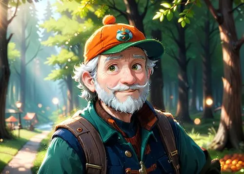 A 50 year old man, he is a forester, he is wearing an orange cap with a logo on it, his beard is greay and chesnuts colored, he is wearing forester clothes green and brown colored, he has a few rickle