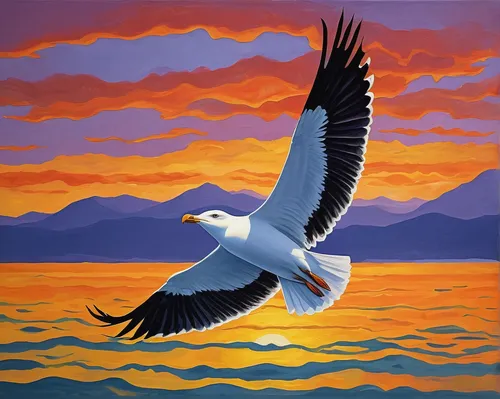 Create a painting that showcases the vibrant colors of a kelp gull in flight against a sunset backdrop.,aztec gull,sea gull,sea-gull,tundra swan,great white pelican,white pelican,western gull,snow goo