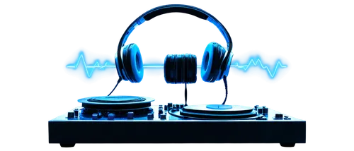 Music notes, instrumental, abstract background, 3D headphones, shiny surface, metallic texture, glowing blue lights, futuristic design, DJ console, vinyl records, speakers, microphone, sound waves, eq