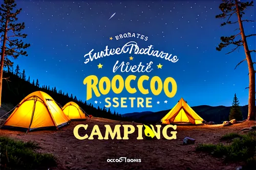 Outdoor store logo, camping theme, vibrant colors, bold font, mountain landscape background, trees, hills, tents, backpacks, hiking boots, ropes, carabiners, compasses, lanterns, stars at night, warm 