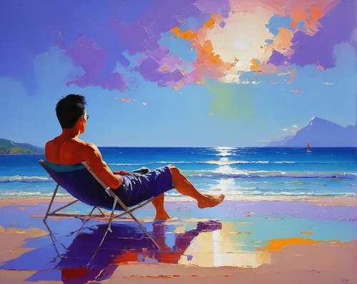 dream beach,beach landscape,world digital painting,man at the sea,lan thom,beach chair,summer day,art painting,sun and sea,umbrella beach,beach scenery,colorful background,paradise beach,han thom,blue painting,sunrise beach,mountain beach,oil painting,beach background,sailing blue purple,Conceptual Art,Sci-Fi,Sci-Fi 22