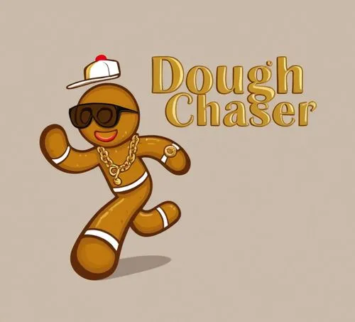  a playful design of a gingerbread man character wearing a gold chain, sunglasses, and a watch, with a cap tilted to the side. The character is in motion, seemingly running, which aligns with the them